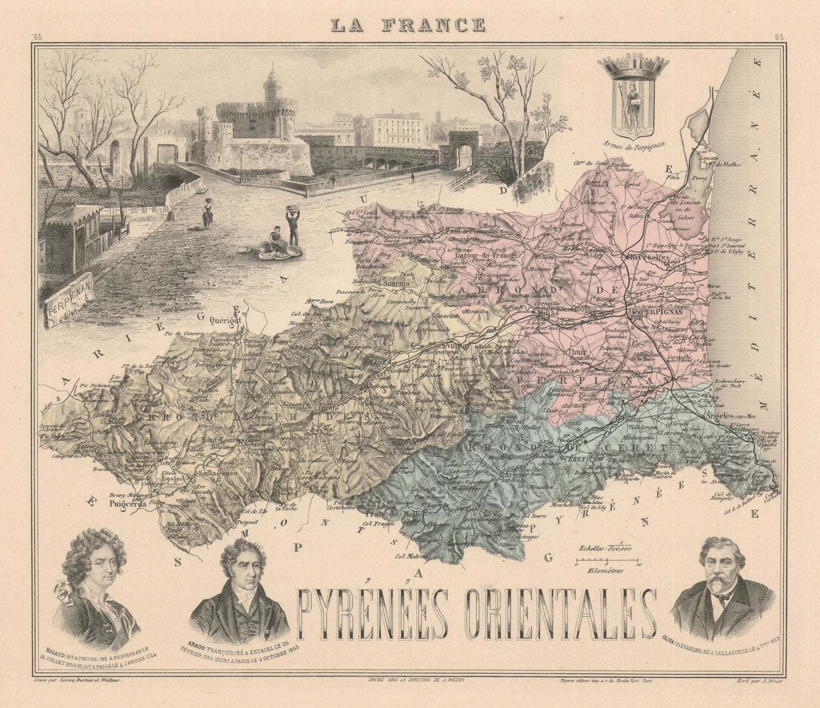 Pyrénées-Orientales département. Perpignan. Vuillemin 1890 old antique map
